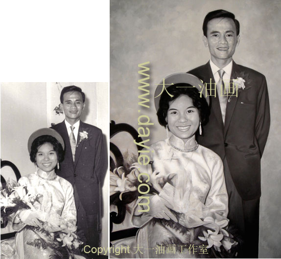 将50年前的黑白婚纱照片复制成单色油画肖像